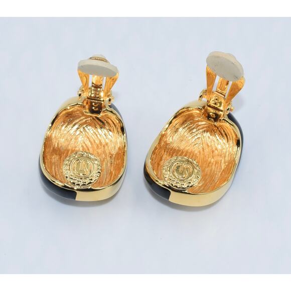 St. John Designer Black & Gold Enamel Clip Earrings - Picture 5 of 7